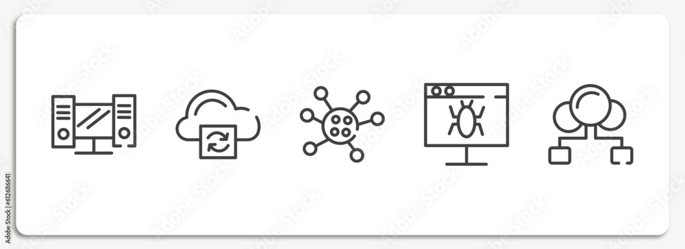 Poster big data outline icons set. thin line icons sheet included workstation, cloud processing, germs, def