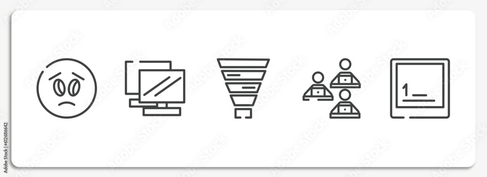 Poster computer and media outline icons set. thin line icons sheet included frown emot, notebook double too