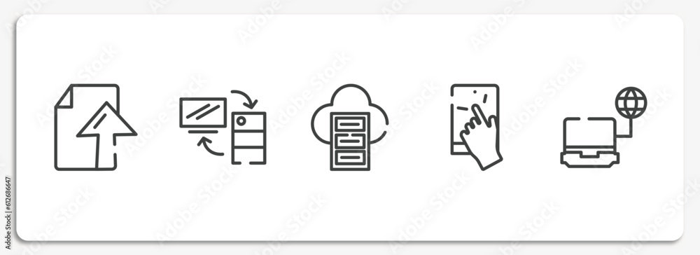 Poster cloud computing outline icons set. thin line icons sheet included ftp upload, server client exchange