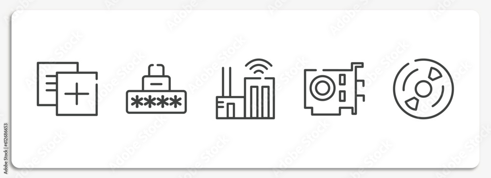 Poster computer outline icons set. thin line icons sheet included duplicate, security code, smart city, vga