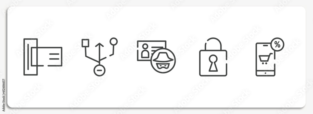 Poster digital services outline icons set. thin line icons sheet included card reader, universal serial usb