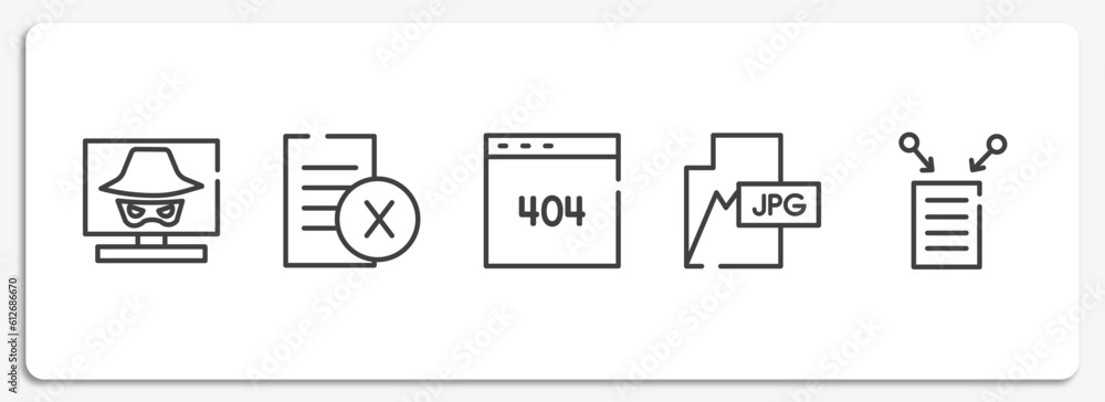 Poster digital services collection. outline icons set. thin line icons sheet included hacking, delete file,