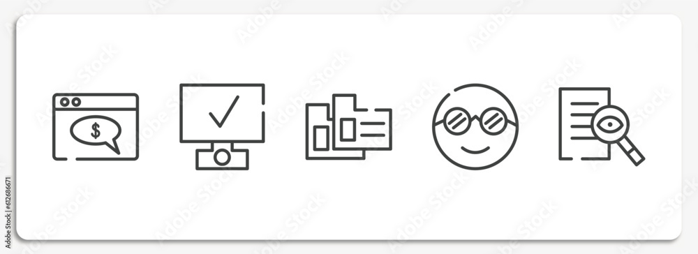 Poster internet outline icons set. thin line icons sheet included web payment, deployment, case data, nerd,