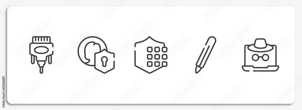 Poster web and hacker outline icons set. thin line icons sheet included dvi, user protection, passkey, digi