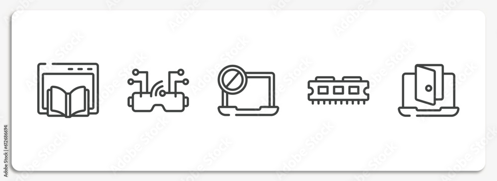 Poster web and hacker outline icons set. thin line icons sheet included webpage, vr goggles, ban, ram memor