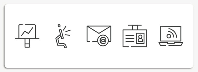 computer workers outline icons set. thin line icons sheet included screen canvas, screen flat side view, email envelope, id badge, laptop connected to internet vector.