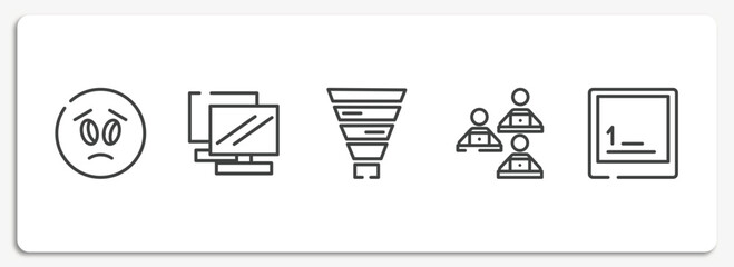 computer and media outline icons set. thin line icons sheet included frown emot, notebook double tool image, funnel chart, computer workers team, keyboard key 1 vector.
