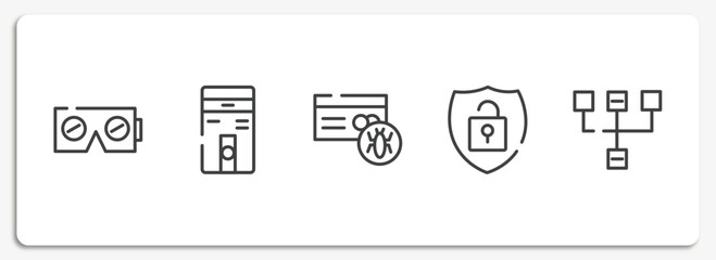 web design outline icons set. thin line icons sheet included virtual reality, computer case, infected, theft, sitemap vector.