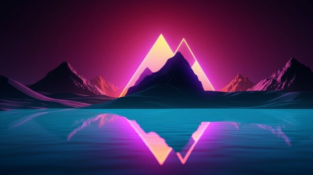 3d Render. Abstract Neon Background With Simple Geometric Shape, Surreal Landscape, Mountains, Calm Water And Glowing Triangle. Virtual Reality Scenery. Fantastic Nature, Generative AI