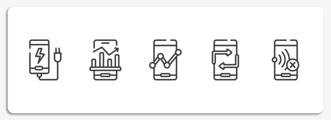 mobile phones outline icons set. thin line icons sheet included phone plug, business stats on phone, mobile analytics tool, null, no vector.