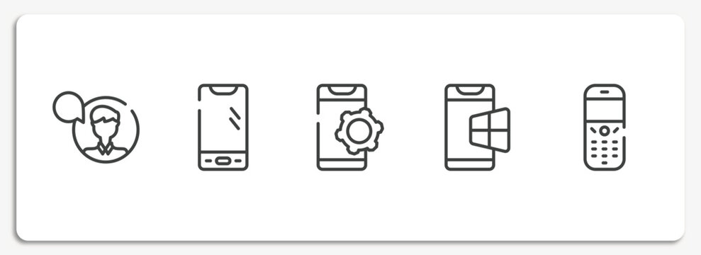 history of phones outline icons set. thin line icons sheet included man with speech bubble, smartphone with three buttons, phone tings, windows on phone, old phone speaker vector.