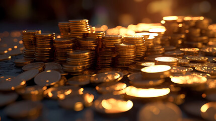 A pile of gold coins shimmers in the rays of light.