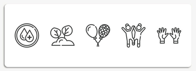 charity outline icons set. thin line icons sheet included clean water, reforestation, ballons, happy kids, voluntary service vector.