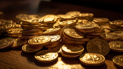 A pile of gold coins shimmers in the rays of light.