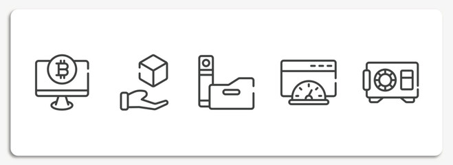 cryptocurrency outline icons set. thin line icons sheet included auctioneer, payment method, pin code, possibility, cryptographic vector.