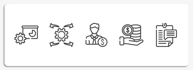 business outline icons set. thin line icons sheet included facilities, possibility, banker, stack, enquiry vector.