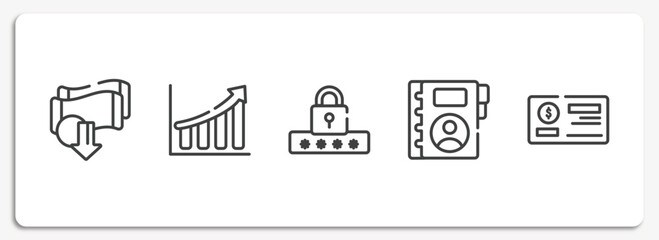 business outline icons set. thin line icons sheet included devaluation, rise, pin code, contact book, cheque vector.