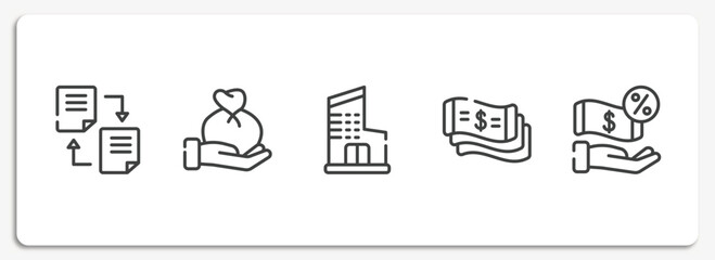 business outline icons set. thin line icons sheet included distributed ledger, wage, department, money flow, commission vector.