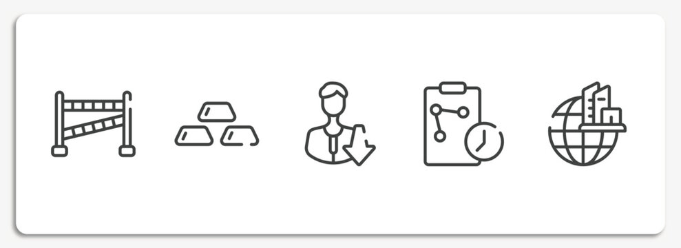 global business outline icons set. thin line icons sheet included police line, gold ingots, low, real time strategy, headquarters vector.