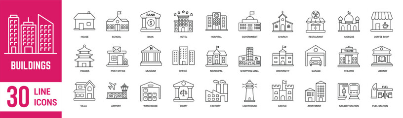 Buildings thin line Icons set. House, hospital, restaurant, city, hotel, apartment, mall, coffee shop and airport. Vector illustration
