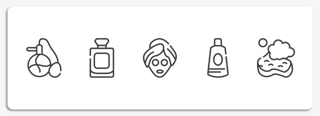 beauty salon outline icons set. thin line icons sheet included parfum, french perfume bottle, beauty face mask, ointment, bath sponge vector.