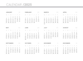 2025 Annual Calendar template. Vector layout of a wall or desk simple calendar with week start monday.