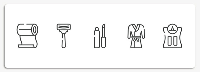 sauna outline icons set. thin line icons sheet included roll on, shaving, lip matt, robe, bathroom scale vector.