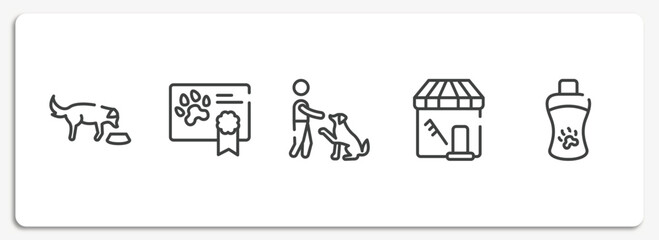 pet shop lineal outline icons set. thin line icons sheet included feeding the dog, health certificate, man and dog, pet grooming, shampoo vector.