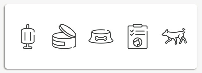 dog and training outline icons set. thin line icons sheet included sponge filter, canned food, dog dish, cat health list, dog running vector.