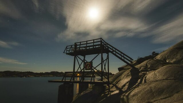 Timelapse of the diving tower on a sunny day in Stavern, Vestfold, Norway. Locked shot