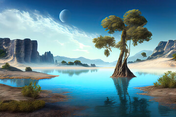 an alien planet in the Andromeda galaxy plants trees water ,Concept style illustration, concept design scenes