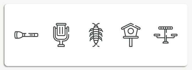 city park outline icons set. thin line icons sheet included torch, trash can, silverfish, birdhouse, picnic table vector.