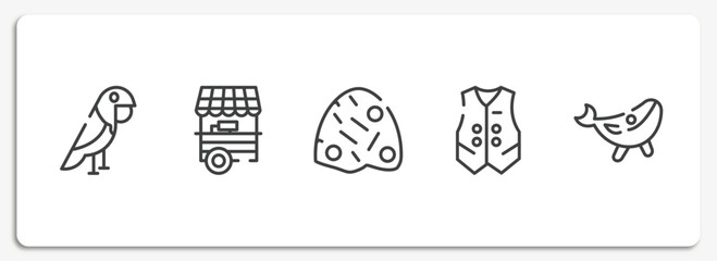 wildlife outline icons set. thin line icons sheet included parrot, food stand, anthill, waistcoat, blue whale vector.