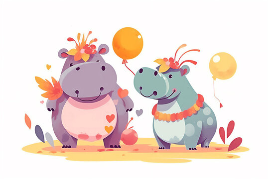 Holiday party. Happy Birthday. Happy Cute cartoon hippo. Illustration. Post processed AI generated image.