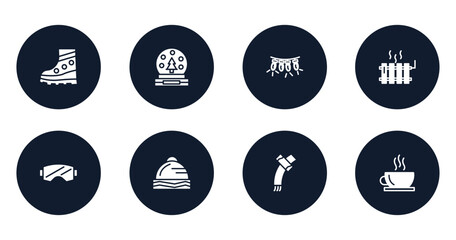 winter filled icons set. flat filled icons sheet included snow boot, snow globe, lights, heater, snow goggle, winter cap, winter scarf, hot tea vector.
