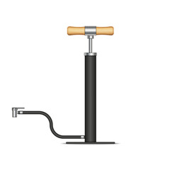 Bicycle floor stand pump with wooden handles and hose isolated on white background, track pump realistic 3d vector object.