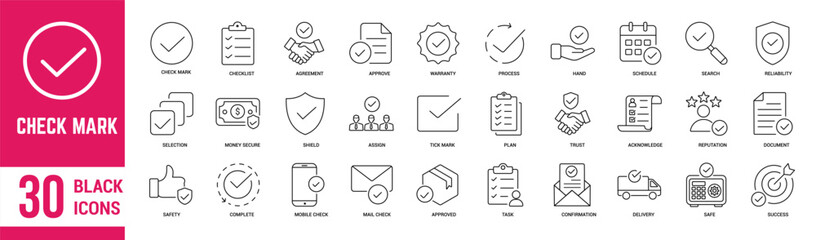 Check Marks thin line icons set. Check, agree, approved, confirm, checklist, warranty, accept, selected, complete and verified. Vector illustration.