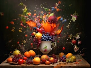 Obraz na płótnie Canvas An explosion of fruits around in the air, fruit splash onto a glass. Generative AI