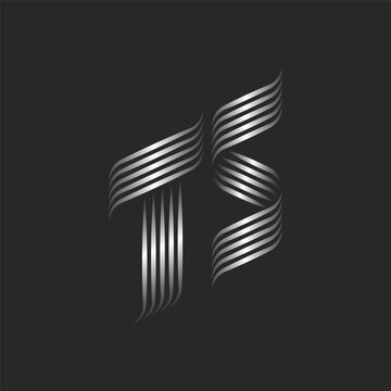 Initials TS or ST metal letters logo monogram, combination two letters T and S for business or wedding card logotype, overlapping smooth thin lines, metallic gradient 3d effect, silver stripes shape.
