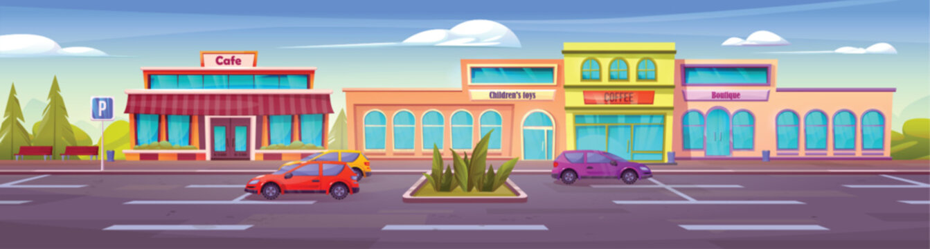 Parking lot with cars near shopping mall in city. Vector cartoon illustration of autos in front of modern cafe, beautique and toy shop buildings, benches under green trees and bushes, blue summer sky