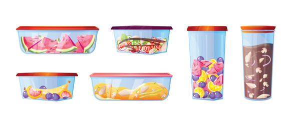 Cartoon set of plastic food containers isolated on white. Vector illustration of hermetic lunch boxes, kitchenware for preservation of takeout meal, fresh fruit, vegetable salad, spaghetti, soup
