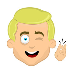 vector illustration face man cartoon blonde and blue eyes winking, with his hand making an ok or perfect gesture