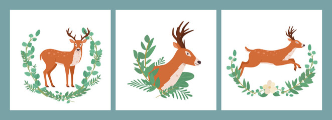 Holiday cards with reindeers in floral frames, flat vector illustrations set.