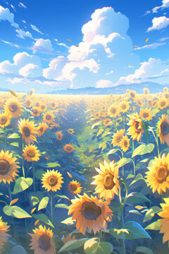 sea of flowers illustration poster in sunflower in summer heat