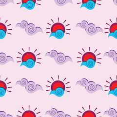 Sun and sea wave abstract repeat pattern on purple background