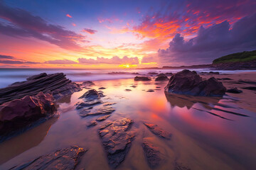 Fototapeta na wymiar Beautiful sunset at the seaside, seaside, rocks, reefs, purple sunset 