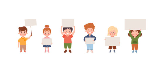 Set of little kids holding blank papers and signs, cartoon flat vector illustration isolated on white background.
