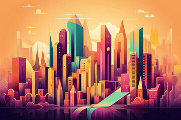Futuristic vision of a city with vibrant colors. Abstract flat illustration, scifi future concept art. Generative AI