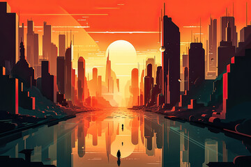 Futuristic vision of a city with vibrant colors. Abstract flat illustration, scifi future concept art. Generative AI