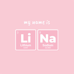 Vector inscription name LINA composed of individual elements of the periodic table. Text: My name is. Purple background